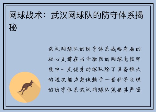网球战术：武汉网球队的防守体系揭秘