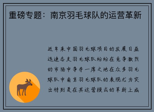 重磅专题：南京羽毛球队的运营革新