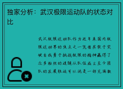 独家分析：武汉极限运动队的状态对比